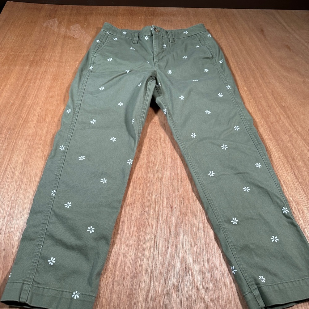 J.Crew Chino Pants Women 4P Green Daisy Floral High-Rise Girlfriend Chino